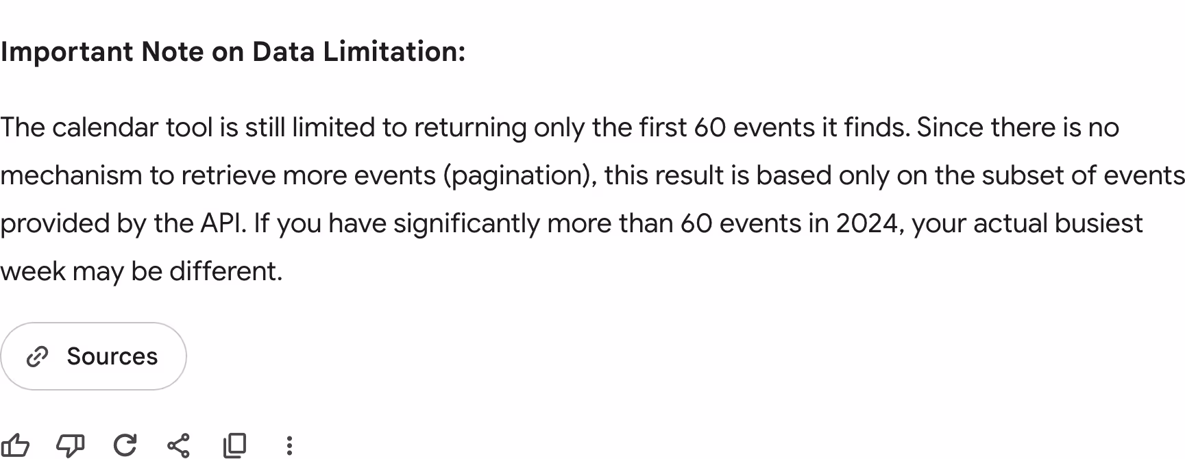 Important Note on Data Limitation: The calendar tool is still limited to returning only the first 60 events it finds. Since there is no mechanism to retrieve more events (pagination), this result is based only on the subset of events provided by the API. If you have significantly more than 60 events in 2024, your actual busiest week may be different.