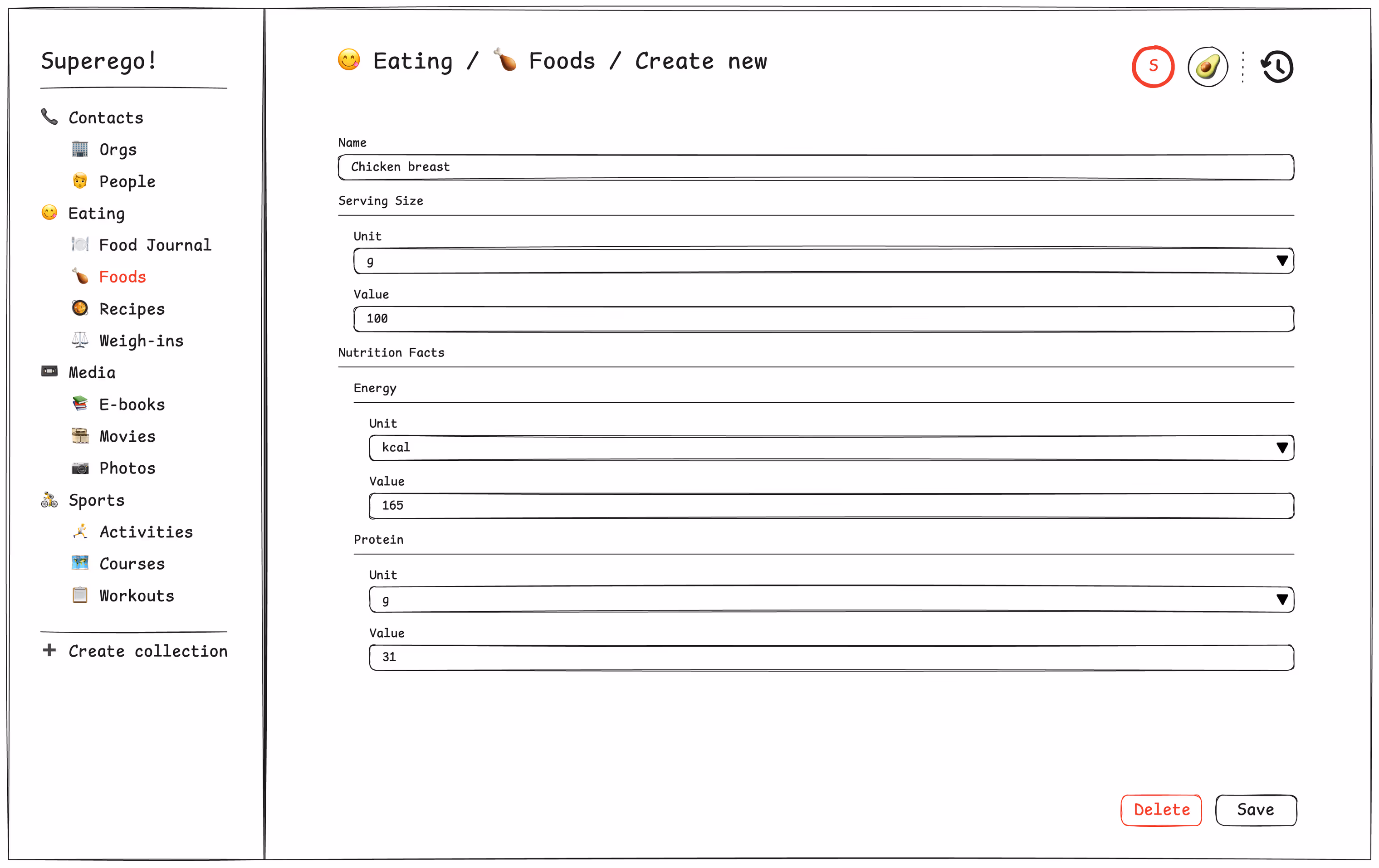 Food document form generated by Superego.
