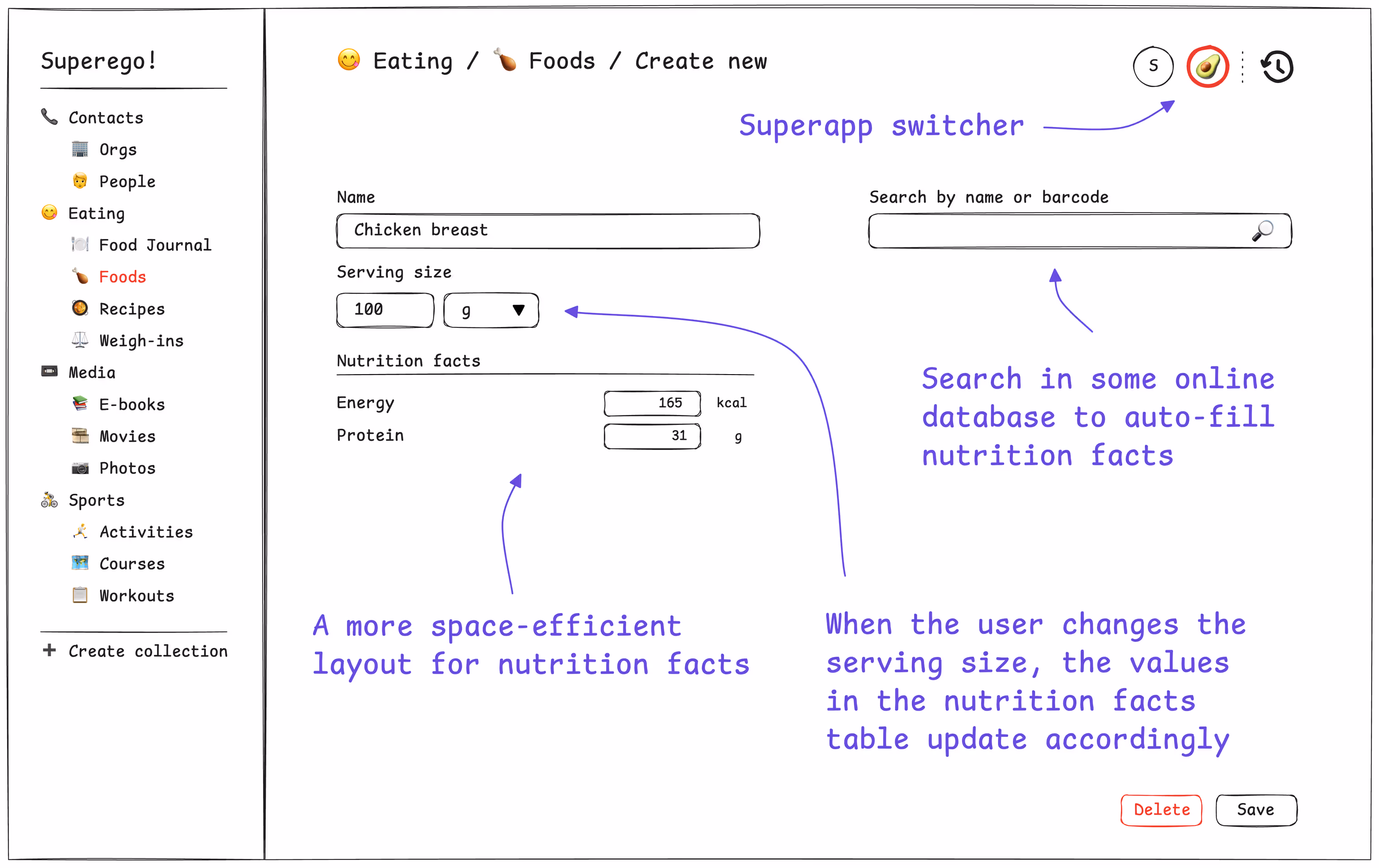 Food document form provided by the Superfoods superapp.